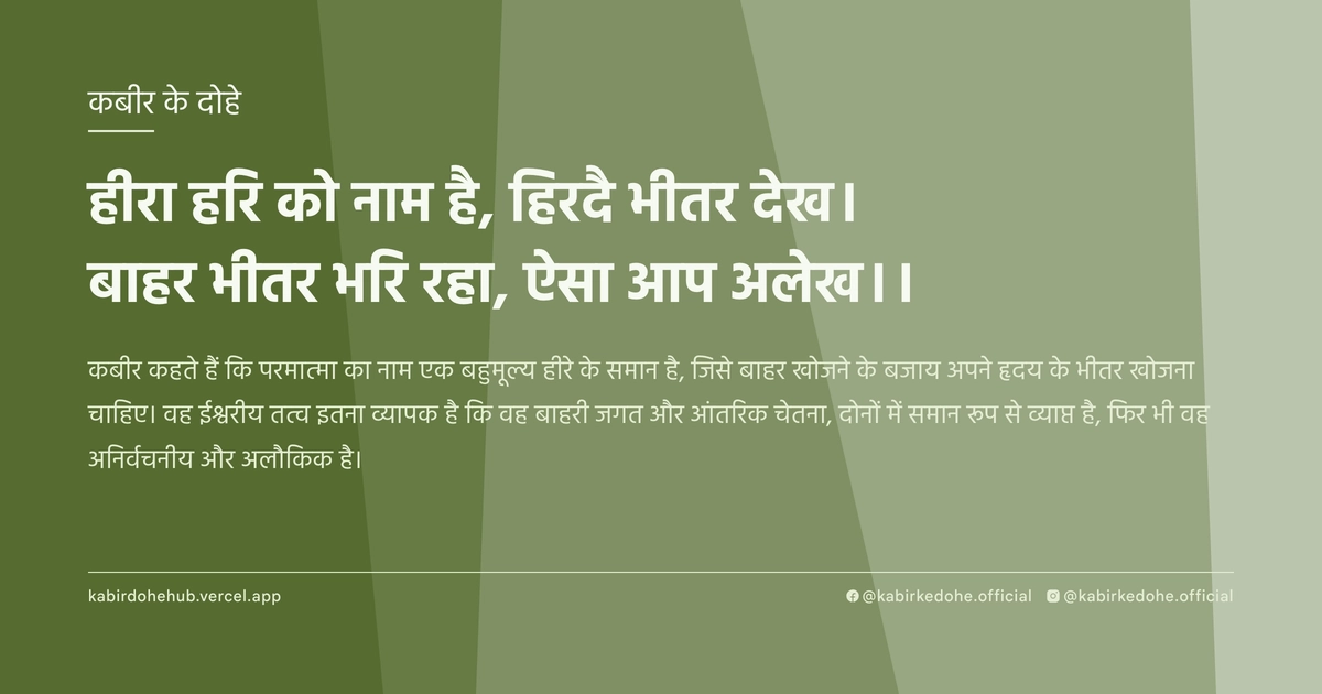 हीरा हरि को नाम है, हिरदै भीतर देख। बाहर भीतर भरि रहा, ऐसा आप अलेख।।