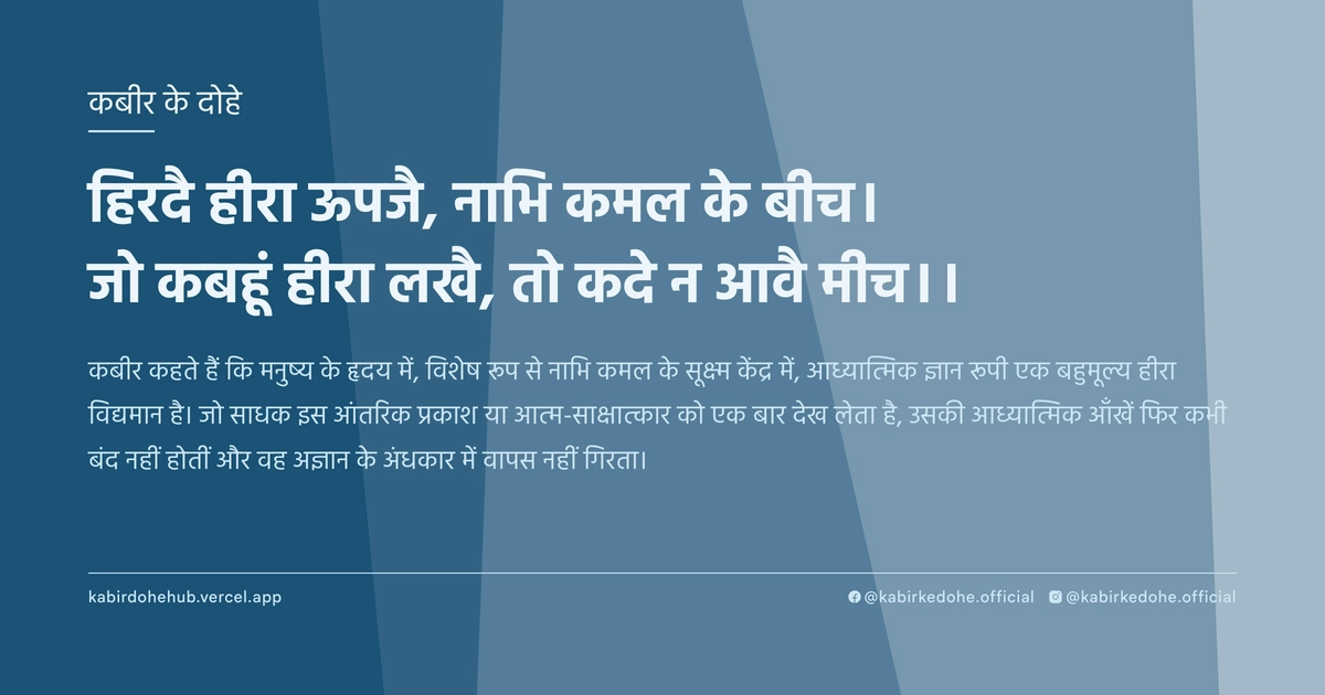 हिरदै हीरा ऊपजै, नाभि कमल के बीच। जो कबहूं हीरा लखै, तो कदे न आवै मीच।।