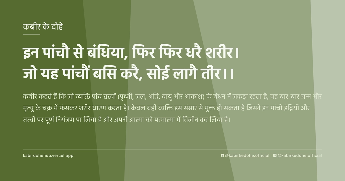 इन पांचौ से बंधिया, फिर फिर धरै शरीर। जो यह पांचौं बसि करै, सोई लागै तीर।।
