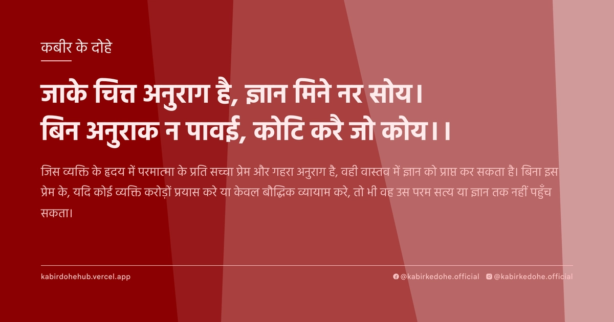 जाके चित्त अनुराग है, ज्ञान मिने नर सोय। बिन अनुराक न पावई, कोटि करै जो कोय।।