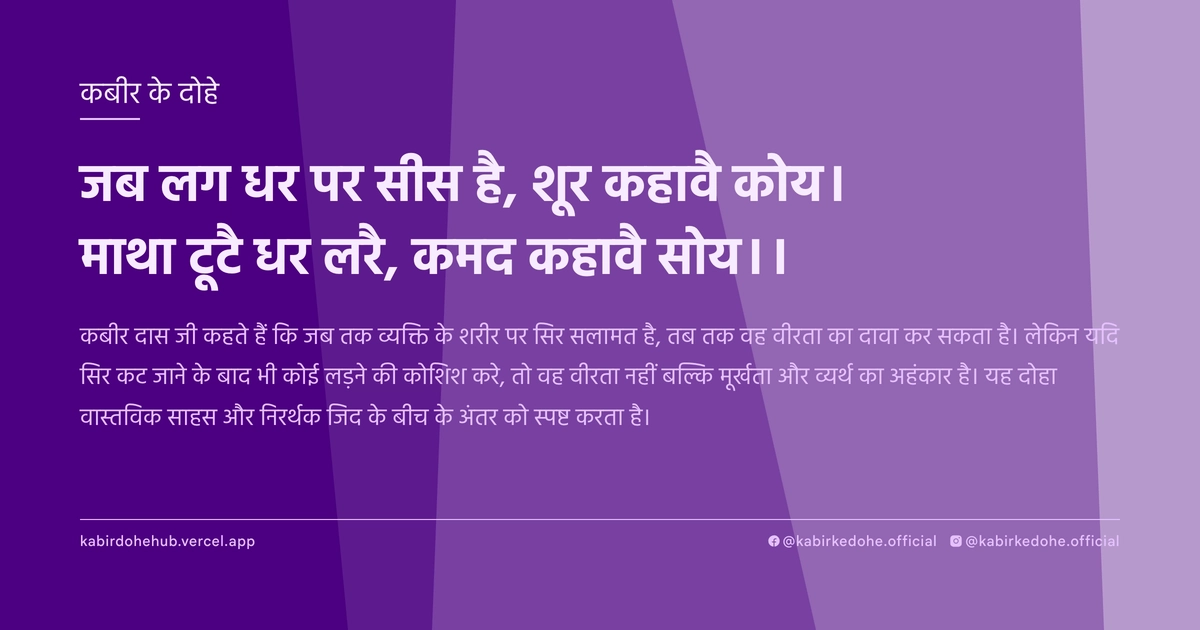 जब लग धर पर सीस है, शूर कहावै कोय। माथा टूटै धर लरै, कमद कहावै सोय।।