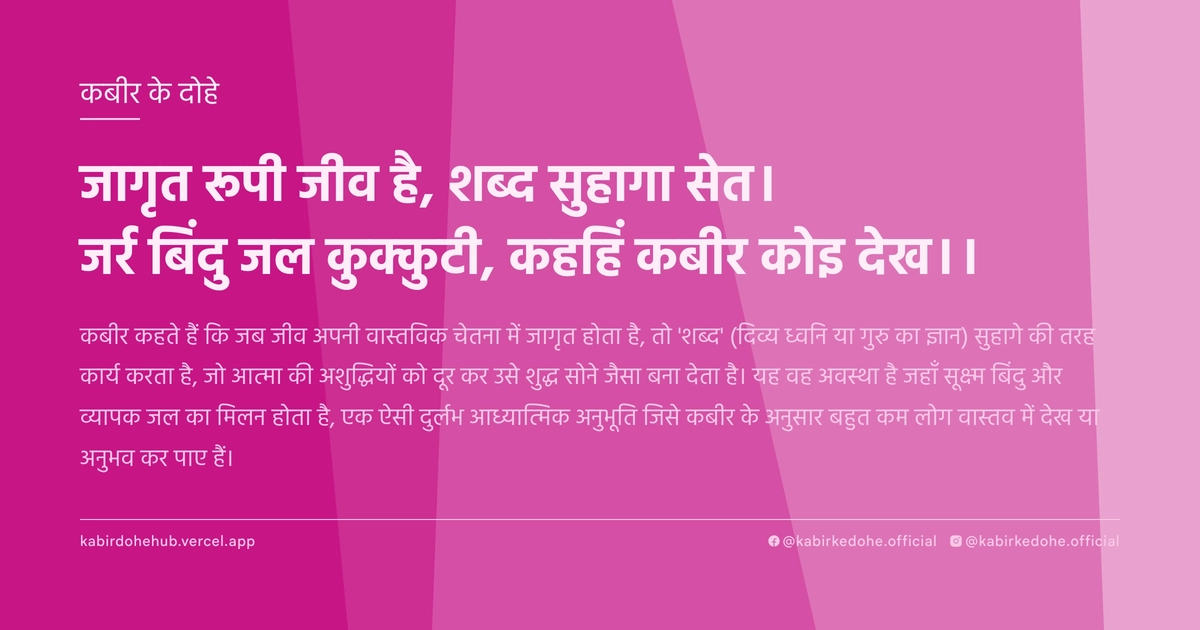 जागृत रूपी जीव है, शब्‍द सुहागा सेत। जर्र बिंदु जल कुक्‍कुटी, कहहिं कबीर कोइ देख।।