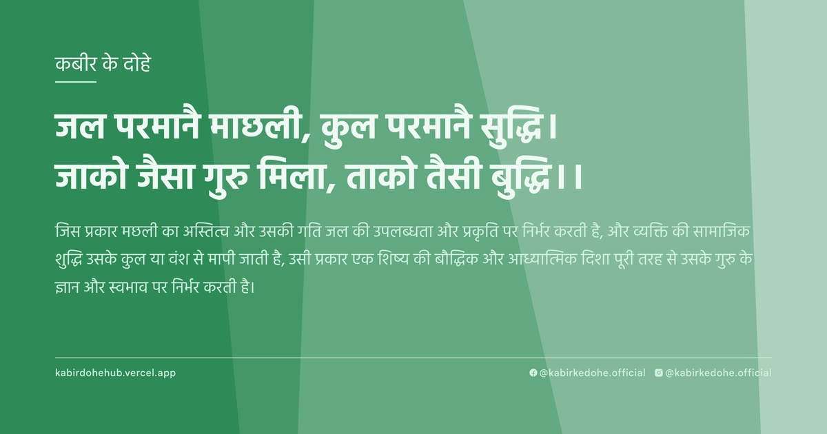 जल परमानै माछली, कुल परमानै सुद्धि। जाको जैसा गुरु मिला, ताको तैसी बुद्धि।।