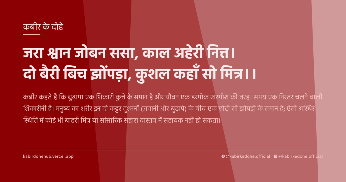 जरा श्वान जोबन ससा, काल अहेरी नित्त। दो बैरी बिच झोंपड़ा, कुशल कहाँ सो मित्र।।
