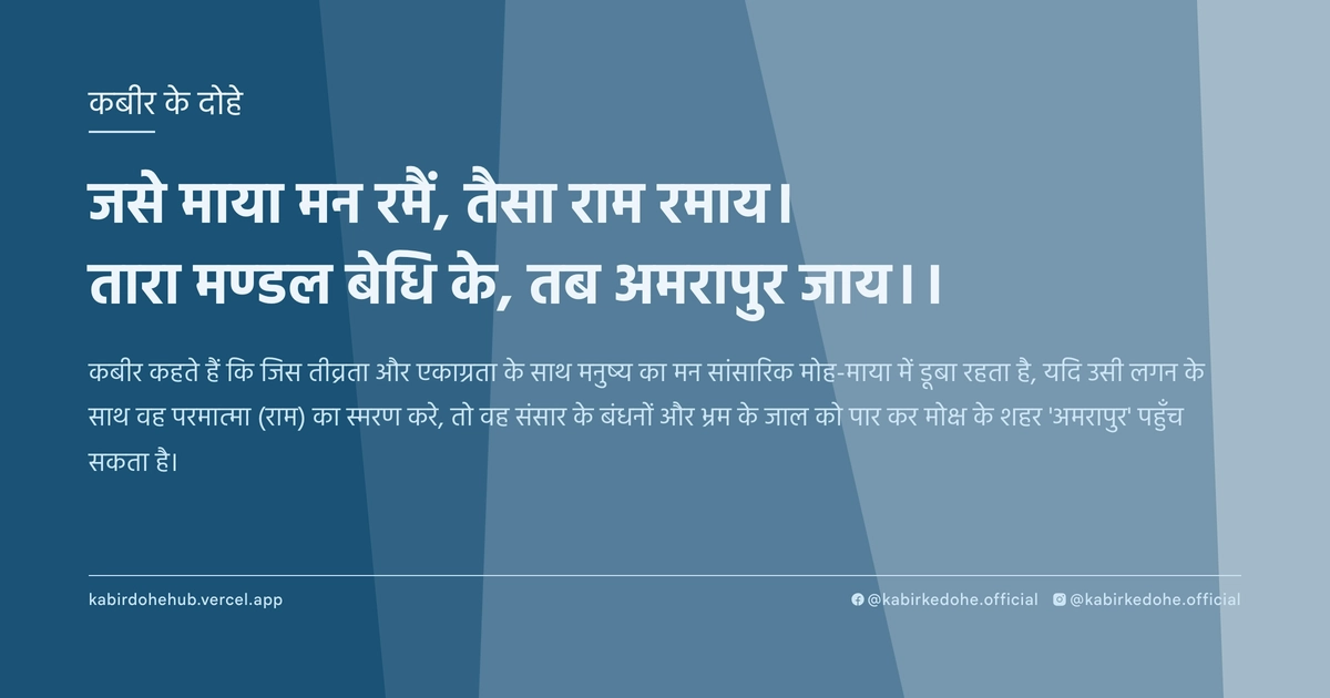 जसे माया मन रमैं, तैसा राम रमाय। तारा मण्‍डल बेधि के, तब अमरापुर जाय।।