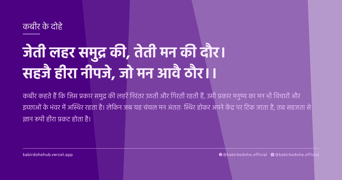 जेती लहर समुद्र की, तेती मन की दौर। सहजै हीरा नीपजे, जो मन आवै ठौर।।