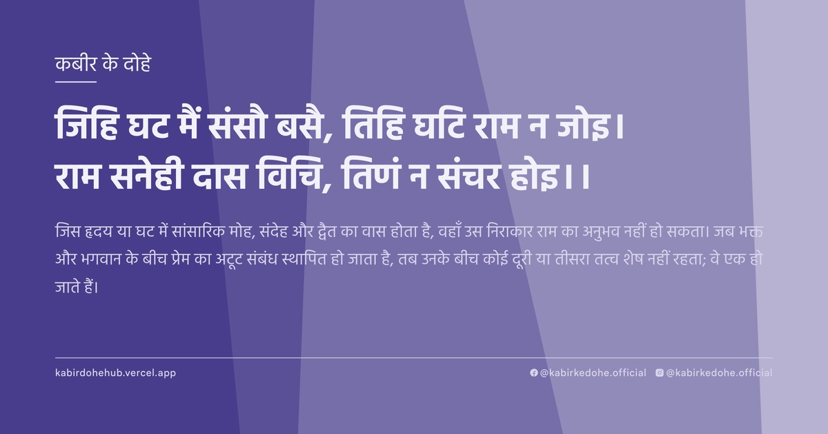 जिहि घट मैं संसौ बसै, तिहि घटि राम न जोइ। राम सनेही दास विचि, तिणं न संचर होइ।।