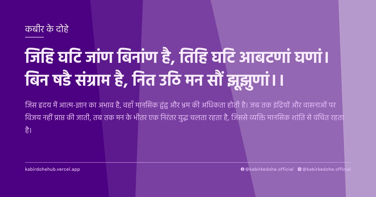 जिहि घटि जांण बिनांण है, तिहि घटि आबटणां घणां। बिन षडै संग्राम है, नित उठि मन सौं झूझुणां।।