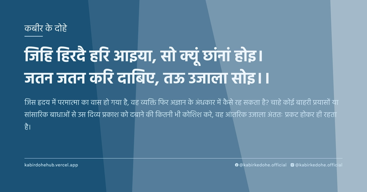 जिहि हिरदै हरि आइया, सो क्यूं छांनां होइ। जतन जतन करि दाबिए, तऊ उजाला सोइ।।