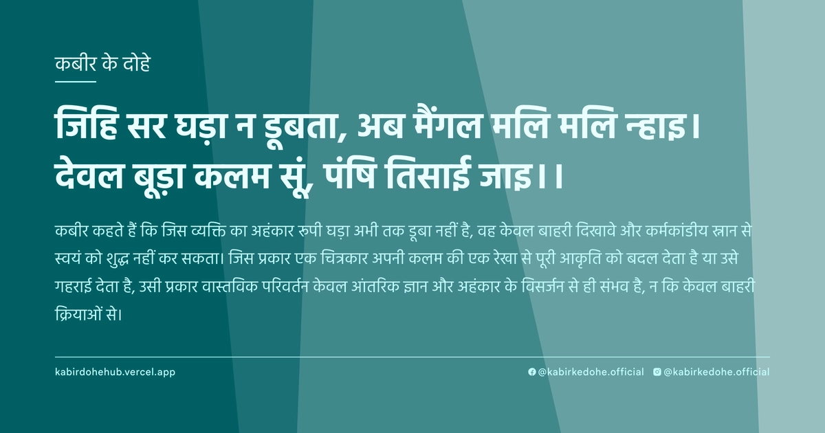 जिहि सर घड़ा न डूबता, अब मैंगल मलि मलि न्‍हाइ। देवल बूड़ा कलम सूं, पंषि तिसाई जाइ।।