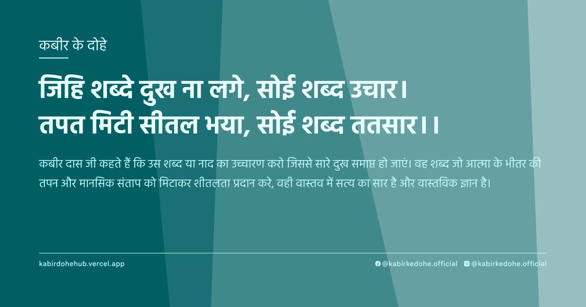 जिहि शब्‍दे दुख ना लगे, सोई शब्‍द उचार। तपत मिटी सीतल भया, सोई शब्‍द ततसार।।