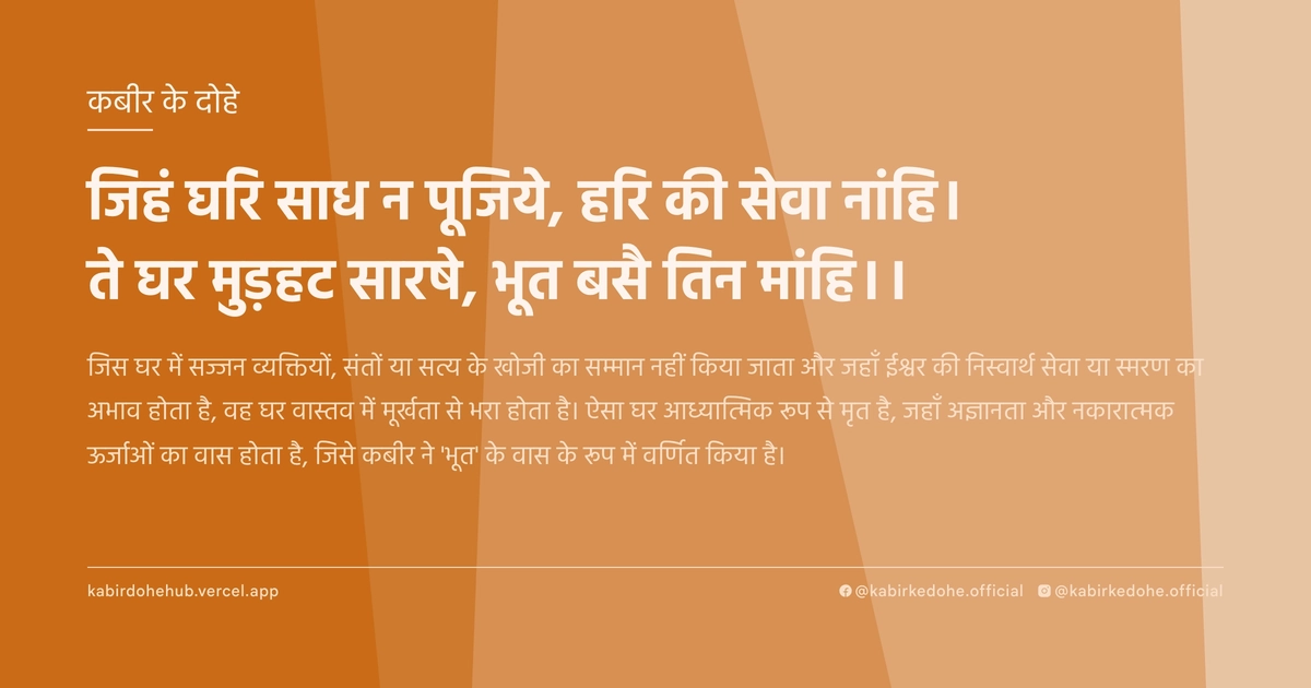जिहं घरि साध न पूजिये, हरि की सेवा नांहि। ते घर मुड़हट सारषे, भूत बसै तिन मांहि।।