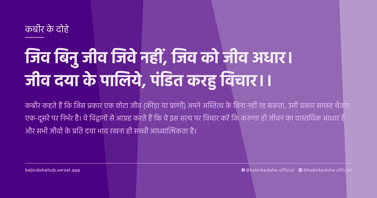 जिव बिनु जीव जिवे नहीं, जिव को जीव अधार। जीव दया के पालिये, पंडित करहु विचार।।