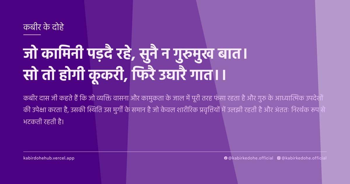 जो कामिनी पड़दै रहे, सुनै न गुरुमुख बात। सो तो होगी कूकरी, फिरै उघारै गात।।