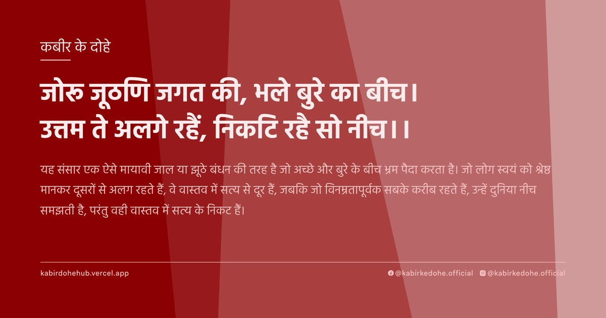जोरू जूठणि जगत की, भले बुरे का बीच। उत्तम ते अलगे रहैं, निकटि रहै सो नीच।।