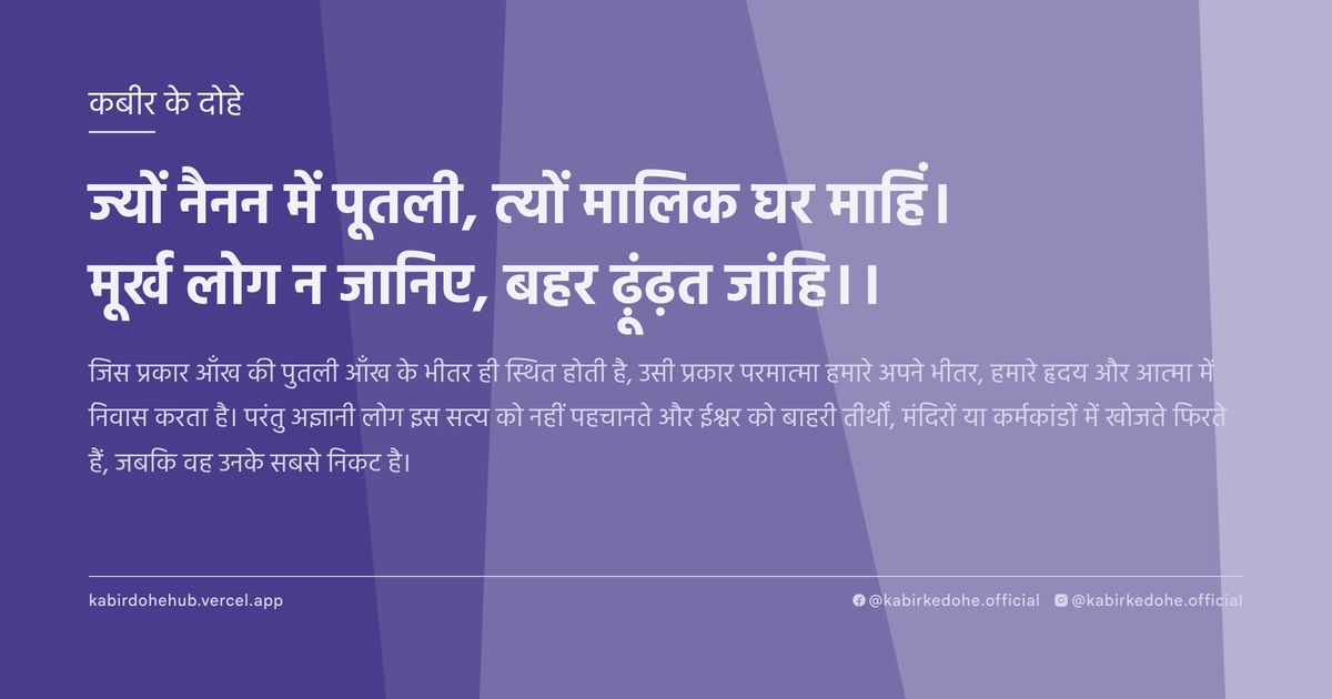 ज्यों नैनन में पूतली, त्यों मालिक घर माहिं। मूर्ख लोग न जानिए, बहर ढ़ूंढ़त जांहि।।