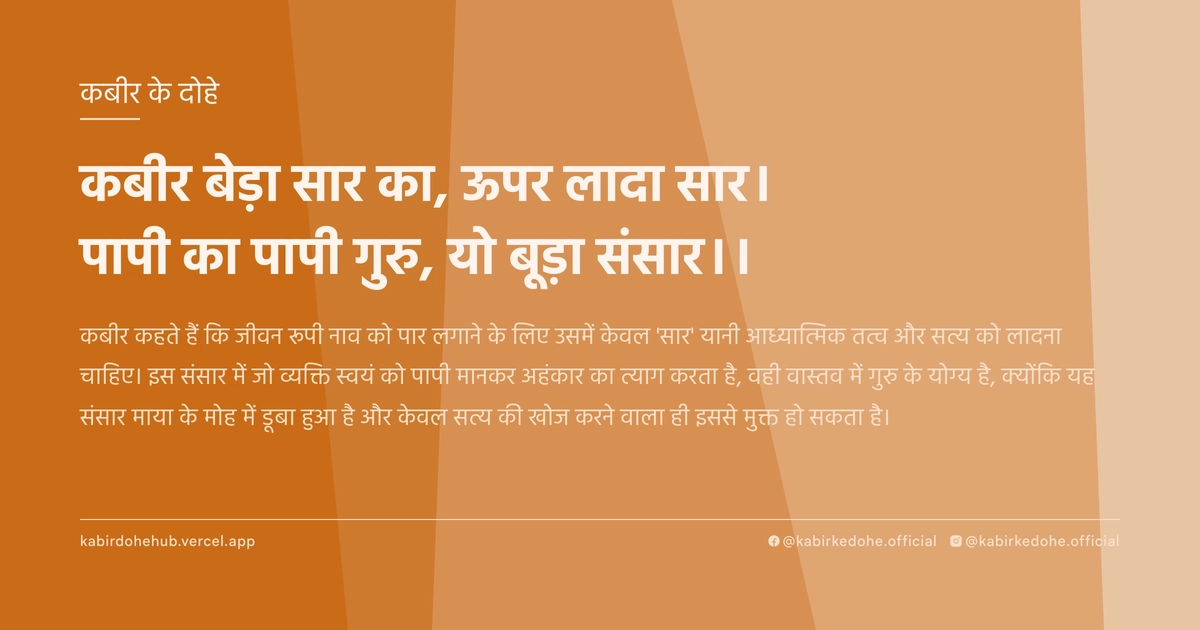 कबीर बेड़ा सार का, ऊपर लादा सार। पापी का पापी गुरु, यो बूड़ा संसार।।