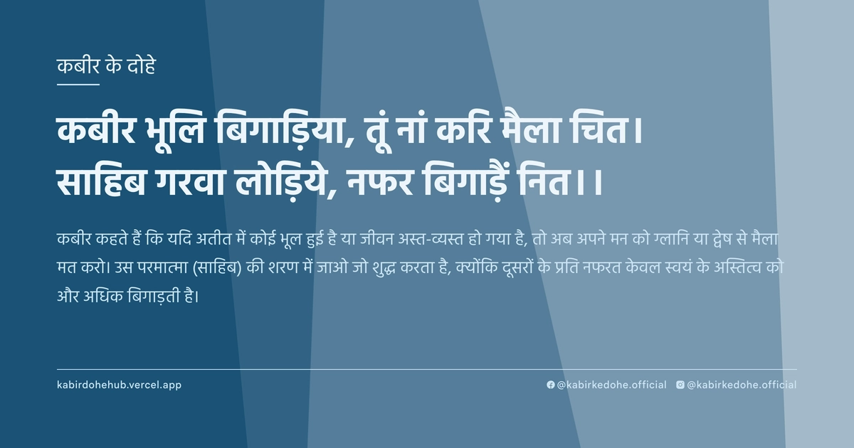 कबीर भूलि बिगाड़ि‍या, तूं नां करि मैला चित। साहिब गरवा लोड़‍िये, नफर बिगाड़ैं नित।।
