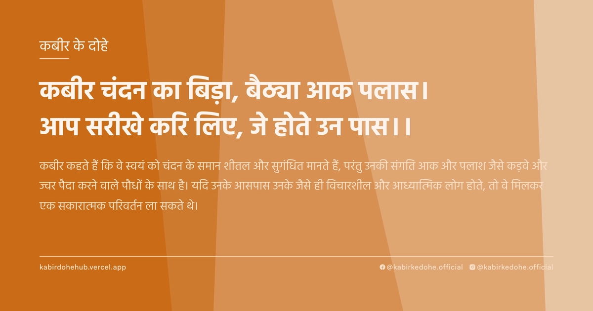 कबीर चंदन का बिड़ा, बैठ्या आक पलास। आप सरीखे करि लिए, जे होते उन पास।।