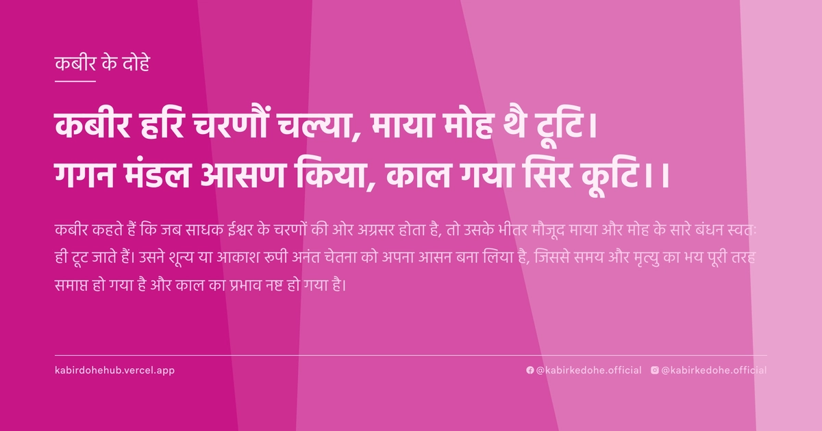 कबीर हरि चरणौं चल्‍या, माया मोह थै टूटि। गगन मंडल आसण किया, काल गया सिर कूटि।।