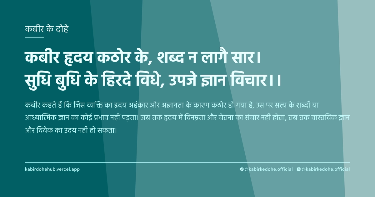 कबीर हृदय कठोर के, शब्द न लागै सार। सुधि बुधि के हिरदे विधे, उपजे ज्ञान विचार।।