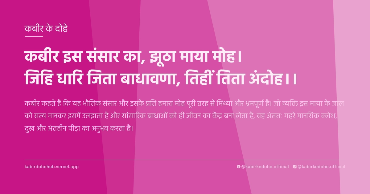 कबीर इस संसार का, झूठा माया मोह। जिहि धारि जिता बाधावणा, तिहीं तिता अंदोह।।