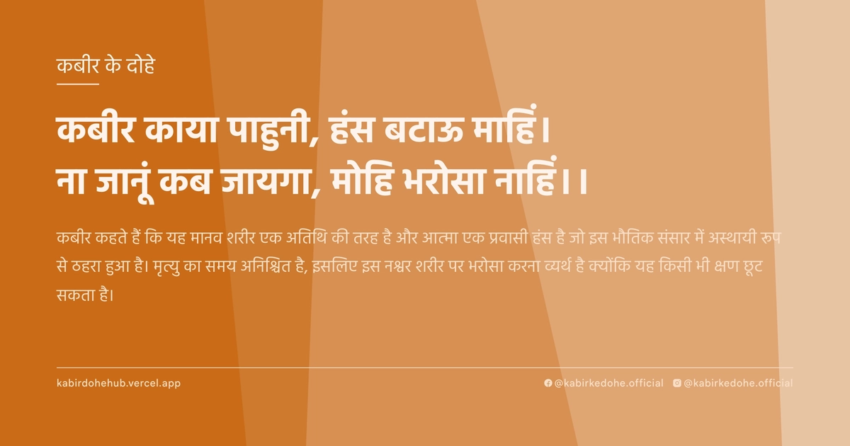 कबीर काया पाहुनी, हंस बटाऊ माहिं। ना जानूं कब जायगा, मोहि भरोसा नाहिं।।