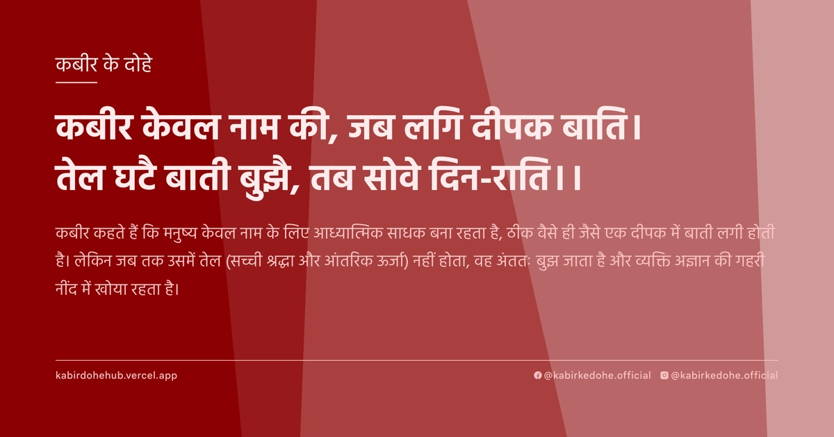 कबीर केवल नाम की, जब लगि दीपक बाति। तेल घटै बाती बुझै, तब सोवे दिन-राति।।