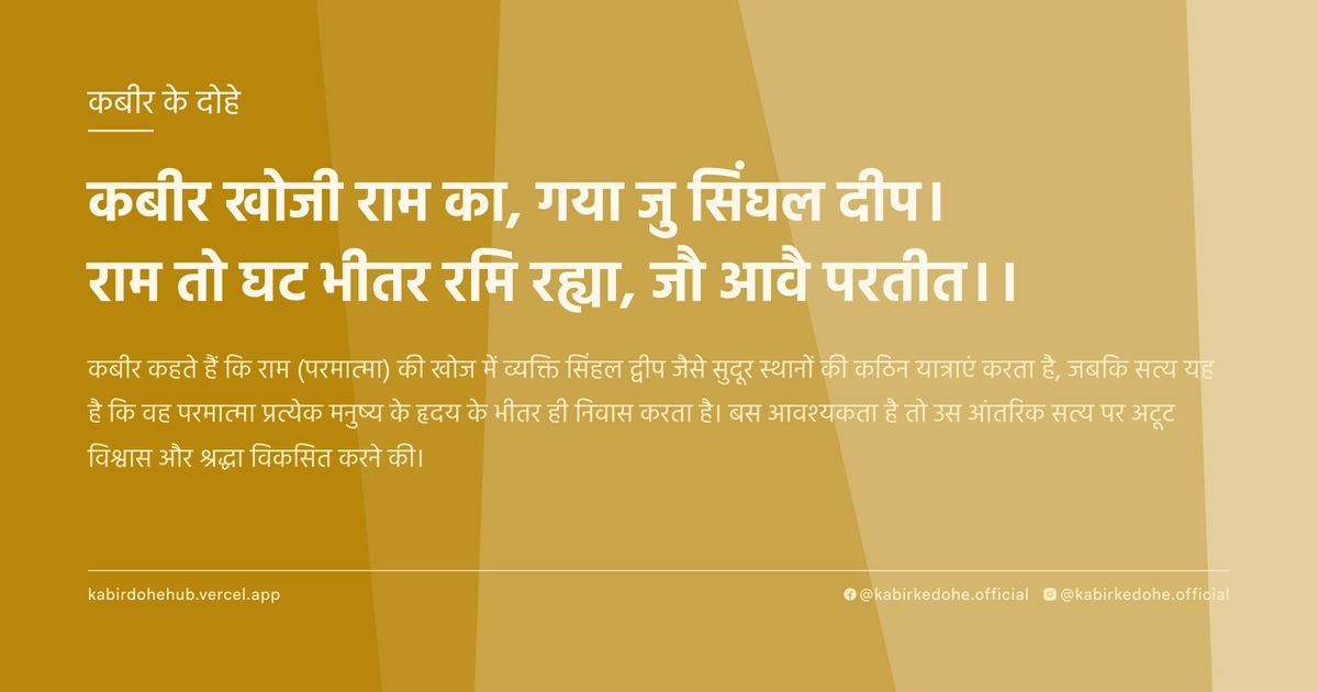 कबीर खोजी राम का, गया जु सिंघल दीप। राम तो घट भीतर रमि रह्या, जौ आवै परतीत।।