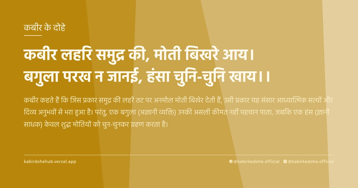 कबीर लहरि समुद्र की, मोती बिखरे आय। बगुला परख न जानई, हंसा चुनि-चुनि खाय।।