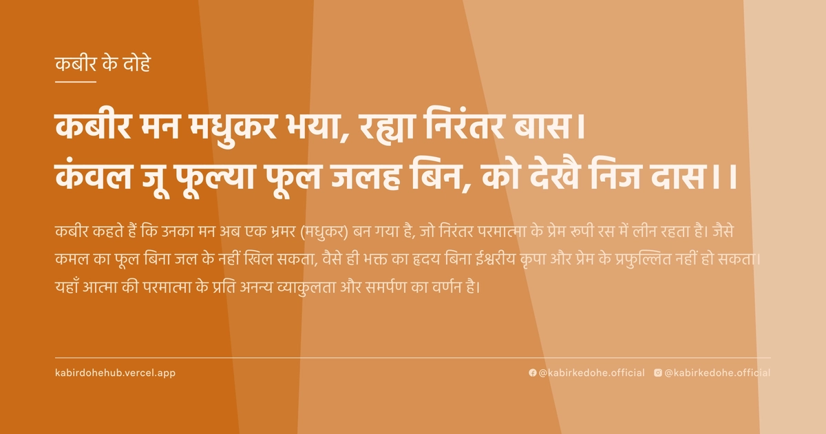 कबीर मन मधुकर भया, रह्या निरंतर बास। कंवल जू फूल्या फूल जलह बिन, को देखै निज दास।।