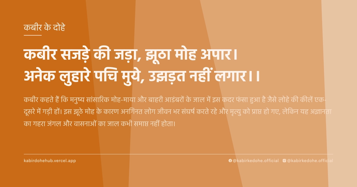 कबीर सजड़े की जड़ा, झूठा मोह अपार। अनेक लुहारे पचि मुये, उझड़त नहीं लगार।।