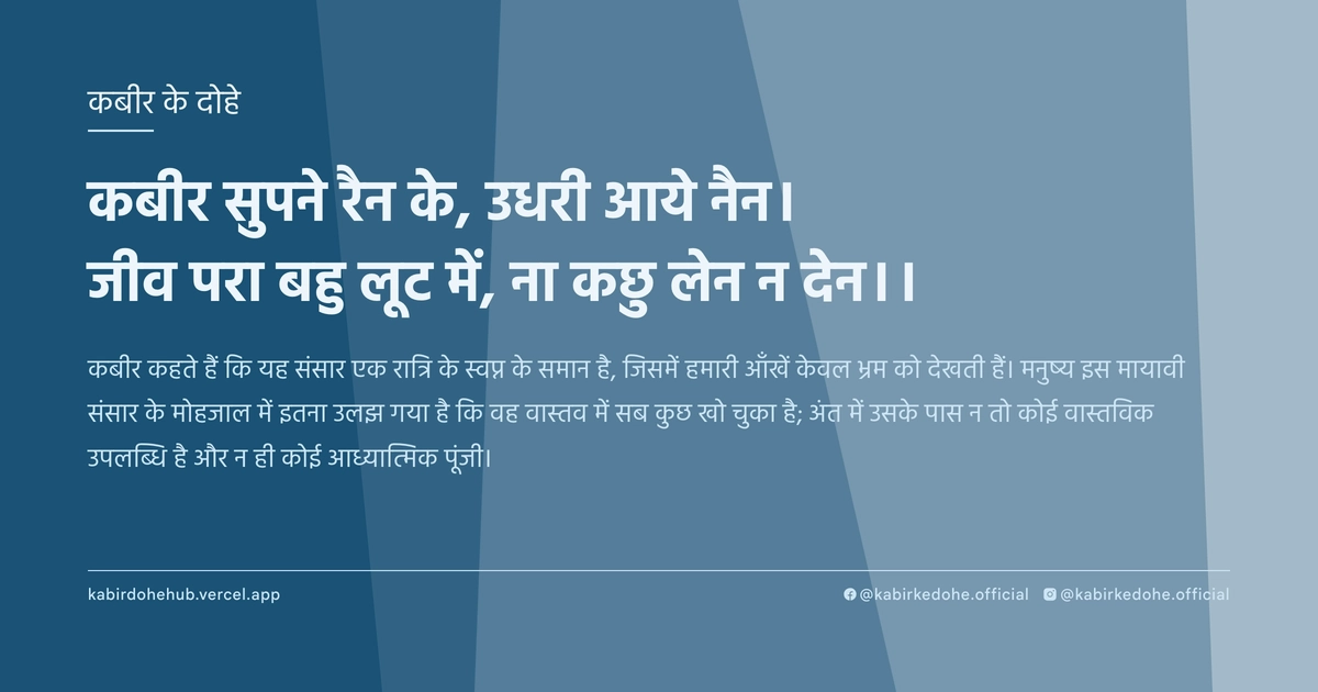 कबीर सुपने रैन के, उधरी आये नैन। जीव परा बहु लूट में, ना कछु लेन न देन।।