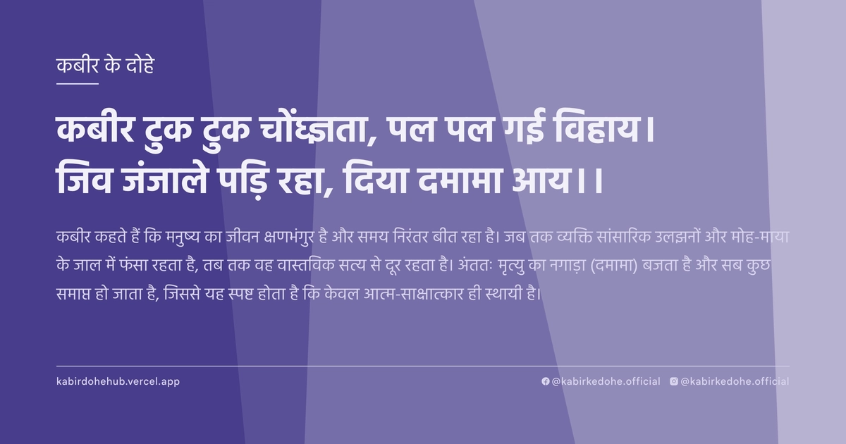 कबीर टुक टुक चोंघ्ज्ञता, पल पल गई विहाय। जिव जंजाले पड़ि रहा, दिया दमामा आय।।