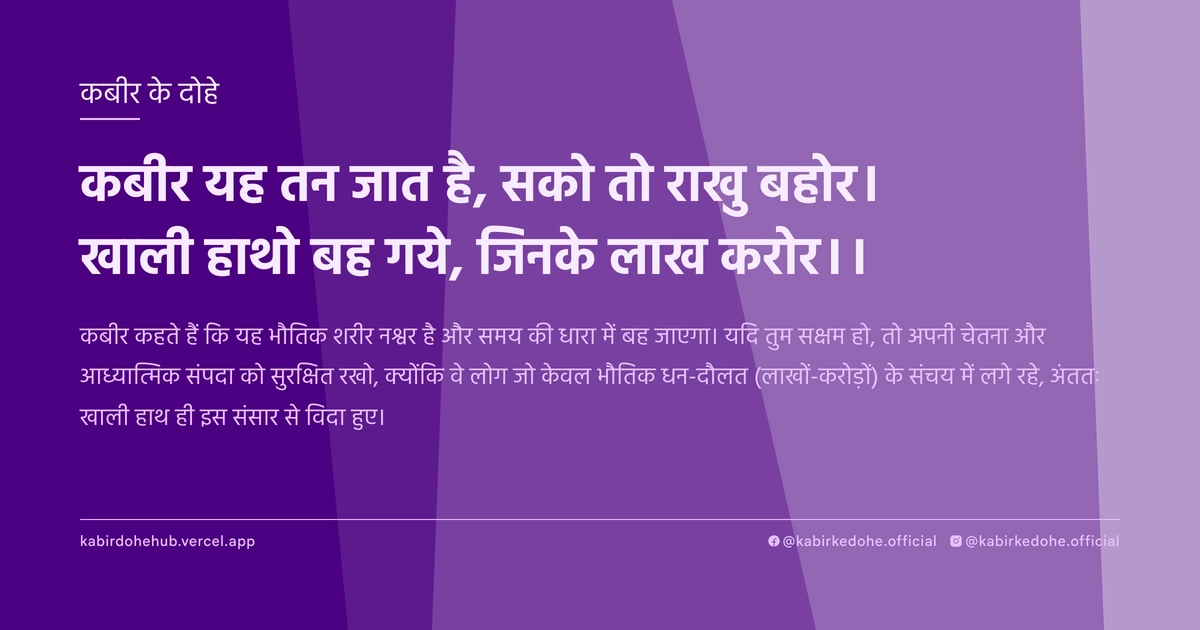कबीर यह तन जात है, सको तो राखु बहोर। खाली हाथो बह गये, जिनके लाख करोर।।