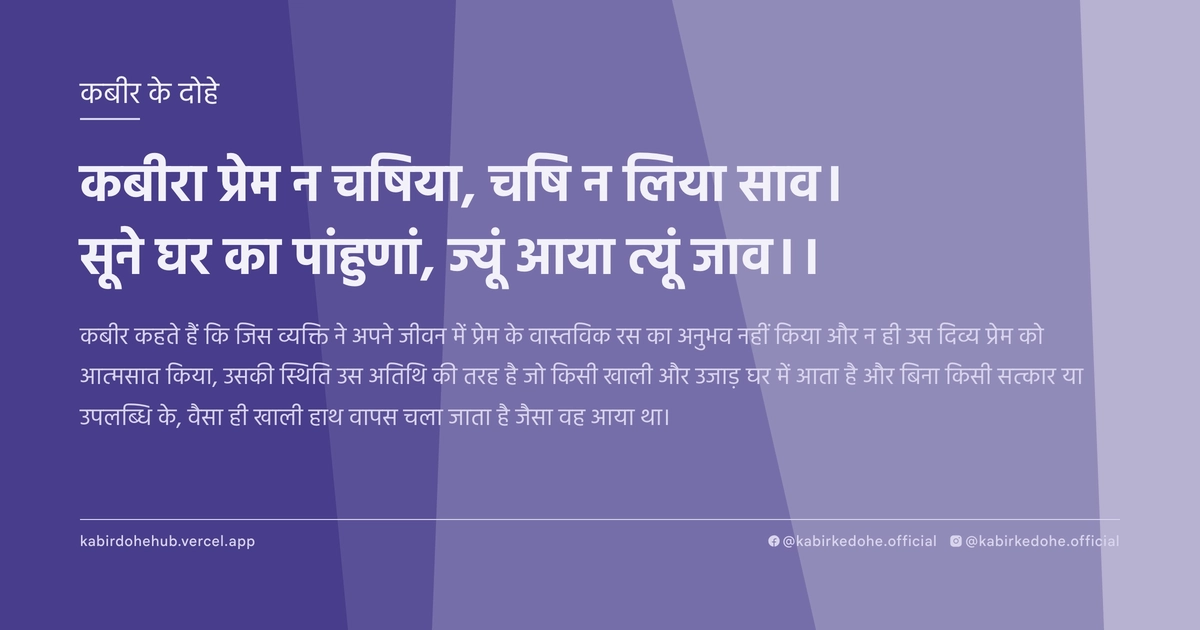 कबीरा प्रेम न चषिया, चषि न लिया साव। सूने घर का पांहुणां, ज्यूं आया त्यूं जाव।।