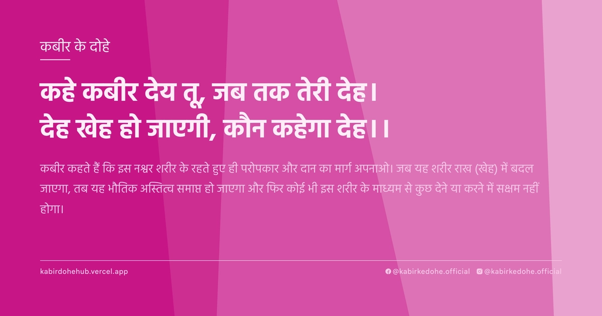 कहे कबीर देय तू, जब तक तेरी देह। देह खेह हो जाएगी, कौन कहेगा देह।।