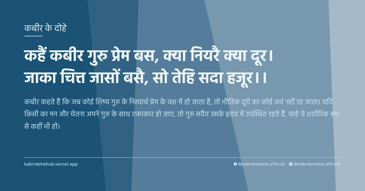कहैं कबीर गुरु प्रेम बस, क्‍या नियरै क्‍या दूर। जाका चित्त जासों बसै, सो तेहि सदा हजूर।।