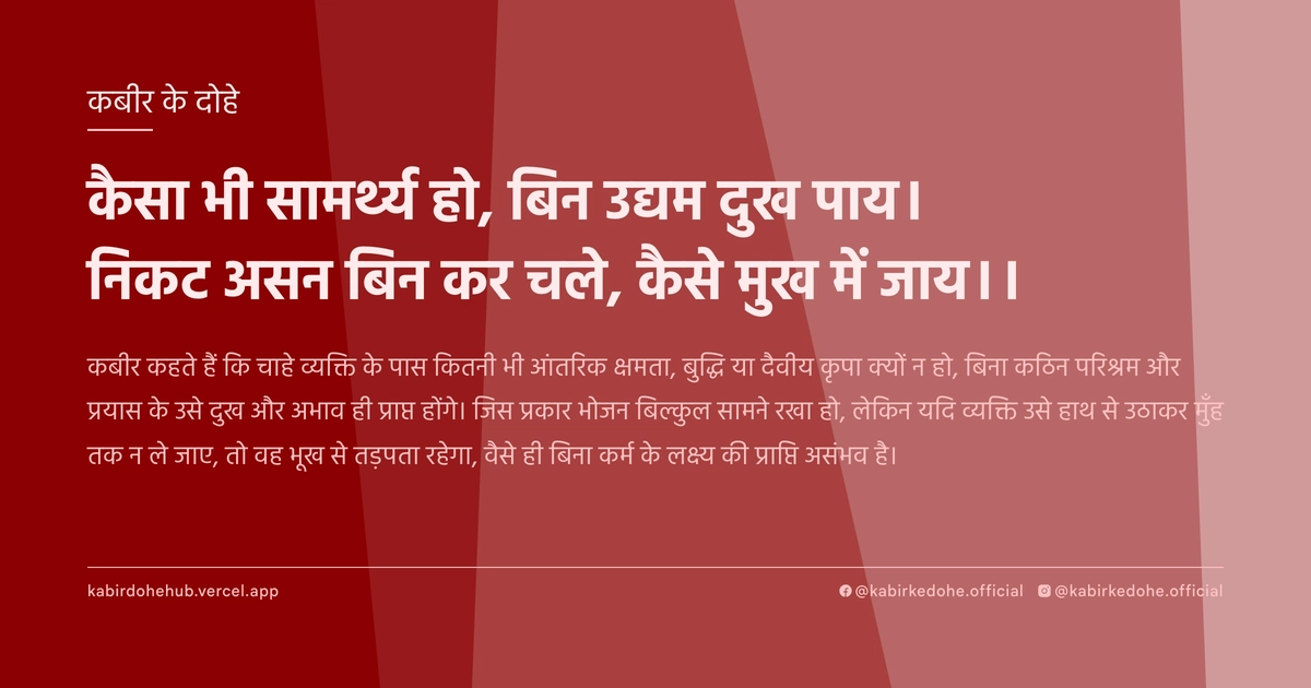 कैसा भी सामर्थ्य हो, बिन उद्यम दुख पाय। निकट असन बिन कर चले, कैसे मुख में जाय।।