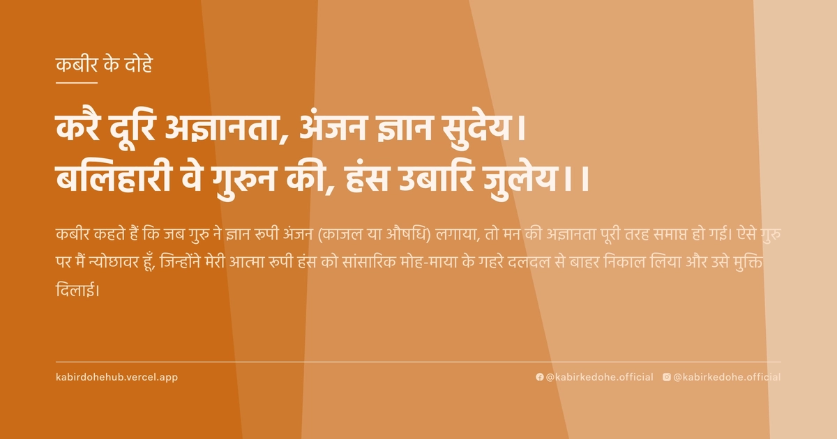 करै दूरि अज्ञानता, अंजन ज्ञान सुदेय। बलिहारी वे गुरुन की, हंस उबारि जुलेय।।