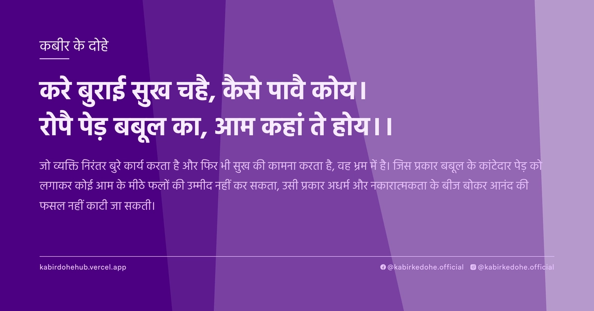 करे बुराई सुख चहै, कैसे पावै कोय। रोपै पेड़ बबूल का, आम कहां ते होय।।