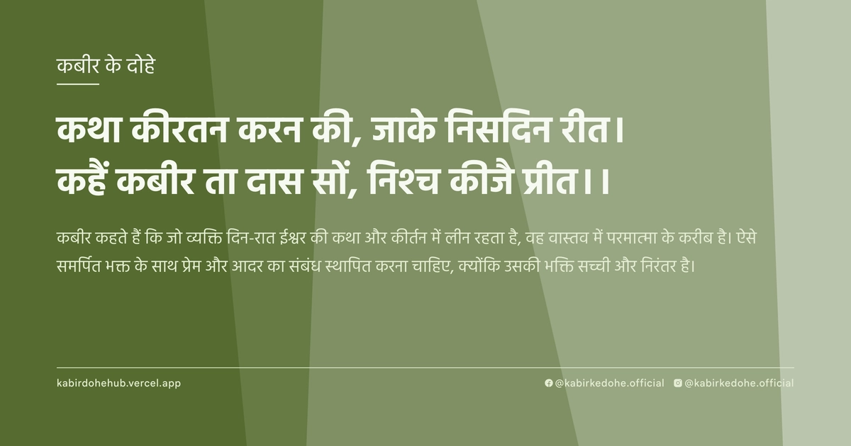 कथा कीरतन करन की, जाके निसदिन रीत। कहैं कबीर ता दास सों, निश्‍च कीजै प्रीत।।