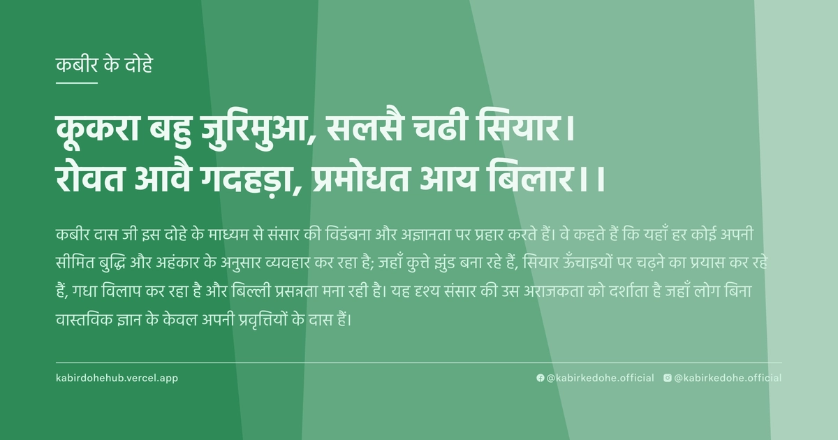 कूकरा बहु जुरिमुआ, सलसै चढी सियार। रोवत आवै गदहड़ा, प्रमोधत आय बिलार।।
