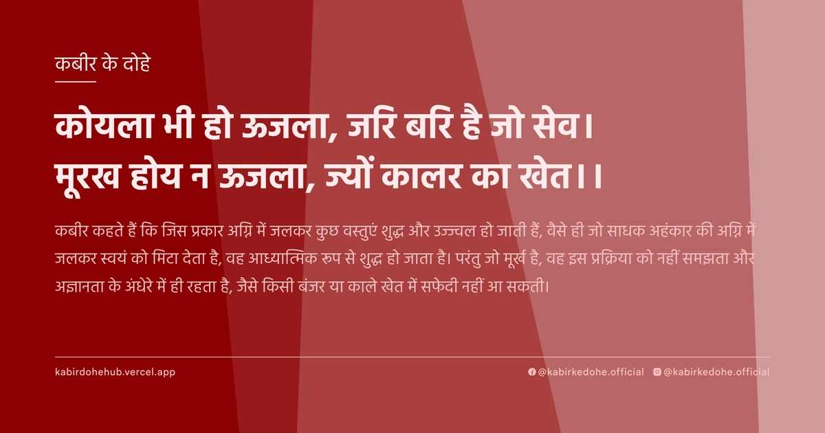 कोयला भी हो ऊजला, जरि बरि है जो सेव। मूरख होय न ऊजला, ज्यों कालर का खेत।।