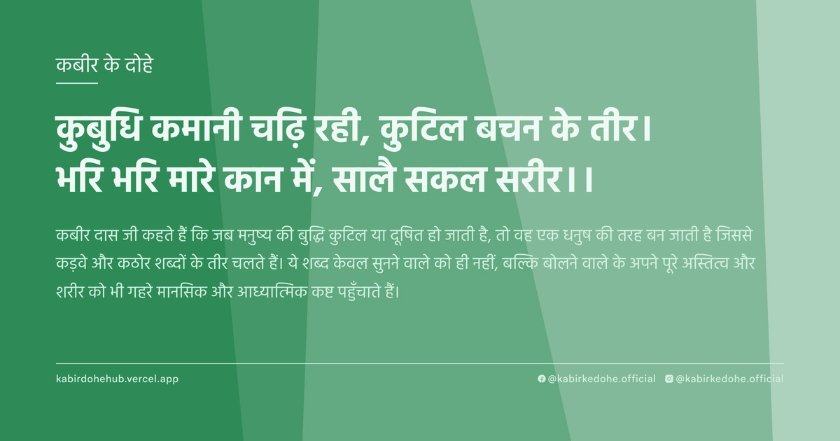 कुबुधि कमानी चढ़‍ि रही, कुटिल बचन के तीर। भरि भरि मारे कान में, सालै सकल सरीर।।