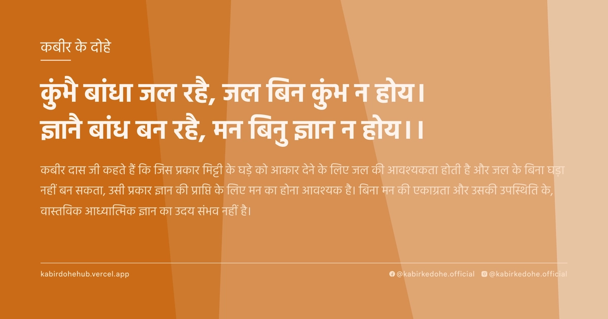 कुंभै बांधा जल रहै, जल बिन कुंभ न होय। ज्ञानै बांध बन रहै, मन बिनु ज्ञान न होय।।