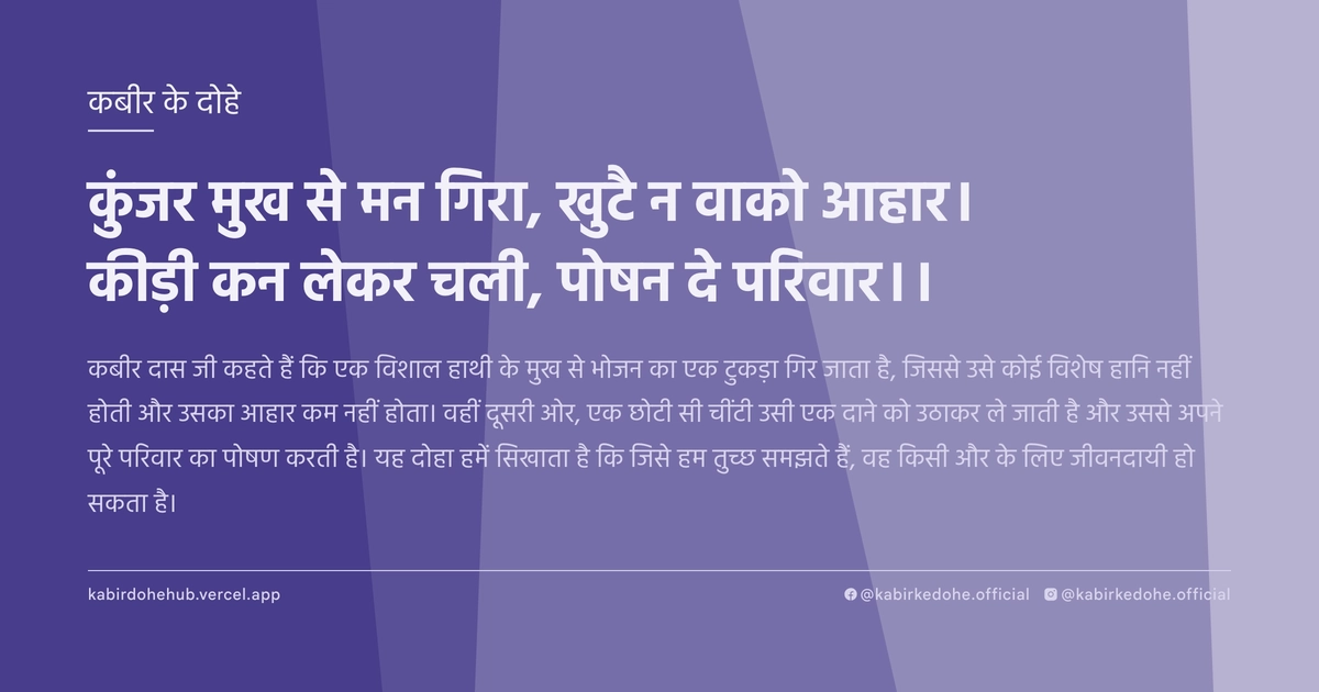 कुंजर मुख से मन गिरा, खुटै न वाको आहार। कीड़ी कन लेकर चली, पोषन दे परिवार।।