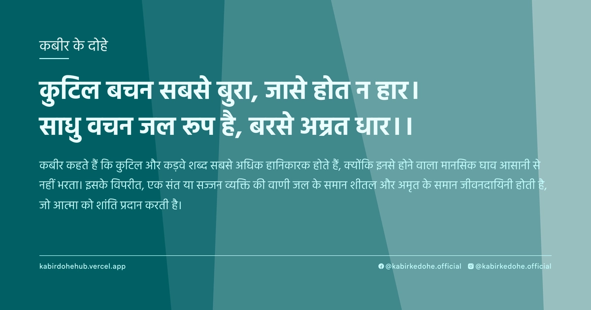 कुटिल बचन सबसे बुरा, जासे होत न हार। साधु वचन जल रूप है, बरसे अम्रत धार।।