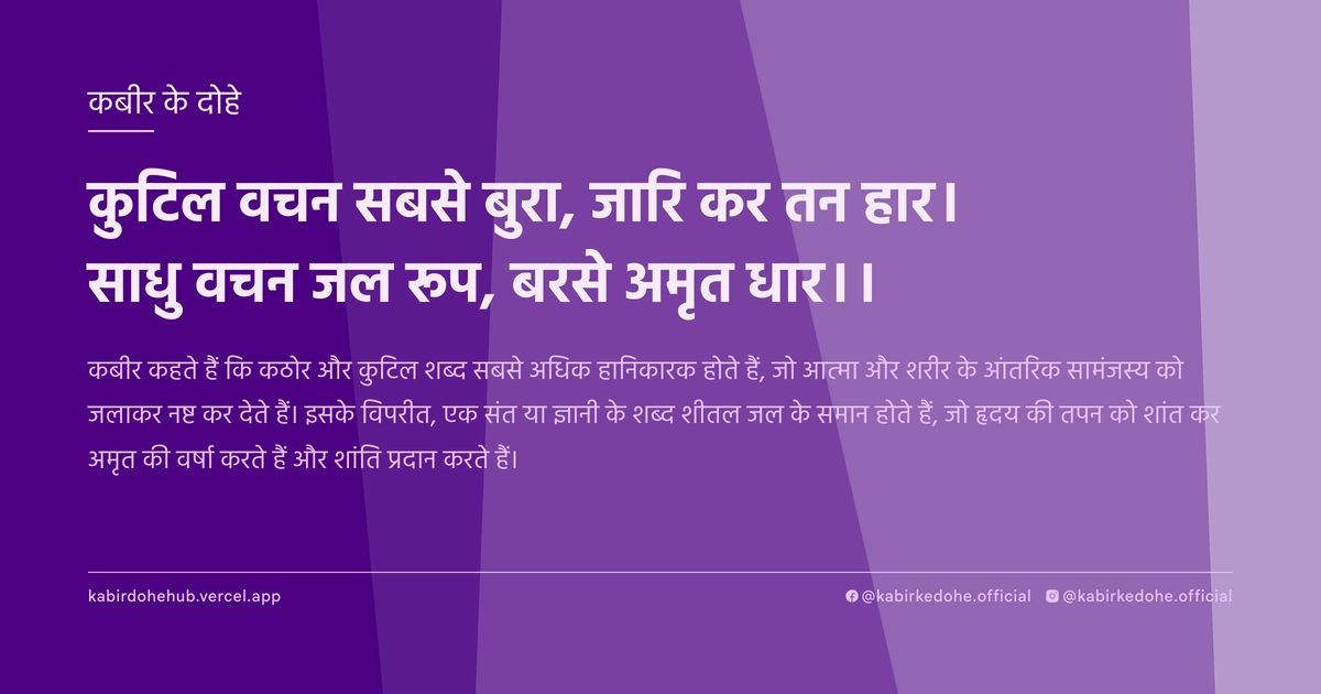 कुटिल वचन सबसे बुरा, जारि कर तन हार। साधु वचन जल रूप, बरसे अमृत धार।।