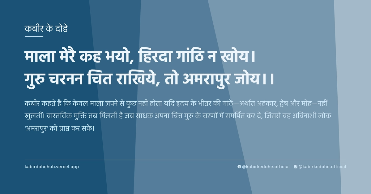 माला मेरै कह भयो, हिरदा गांठि न खोय। गुरु चरनन चित राखिये, तो अमरापुर जोय।।